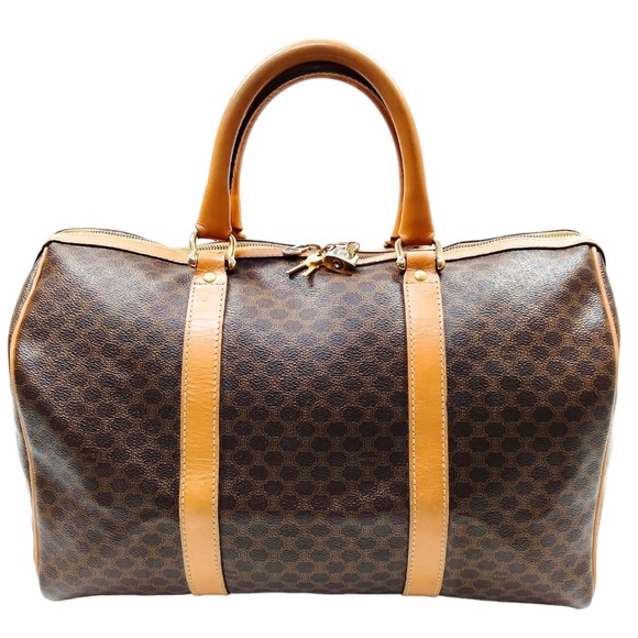 💯AUTH CELINE BOSTON BAG MACADAM PVC/LEATHER BROWN UNISEX - Picture 1 of 10